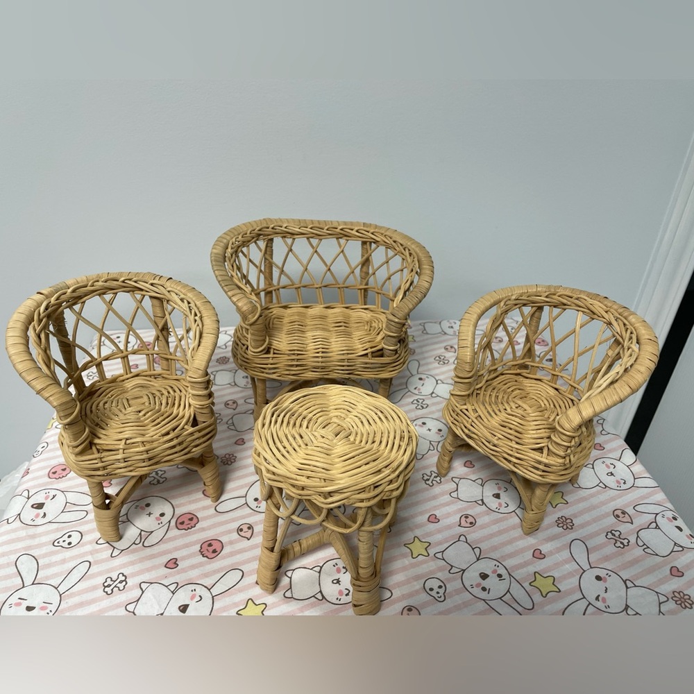 Wicker Miniature Rattan Chairs Settee and Table Set Doll Furniture Vintage